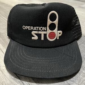 VTG 80s Operation Stop! Black Mesh Foam Trucker Hat Cap Snapback 1980s